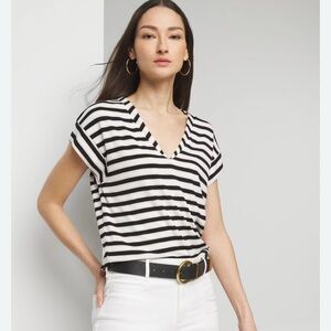 WHBM Power Tee, Bright blue & navy striped V-Neck nautical T-shirt, size medium